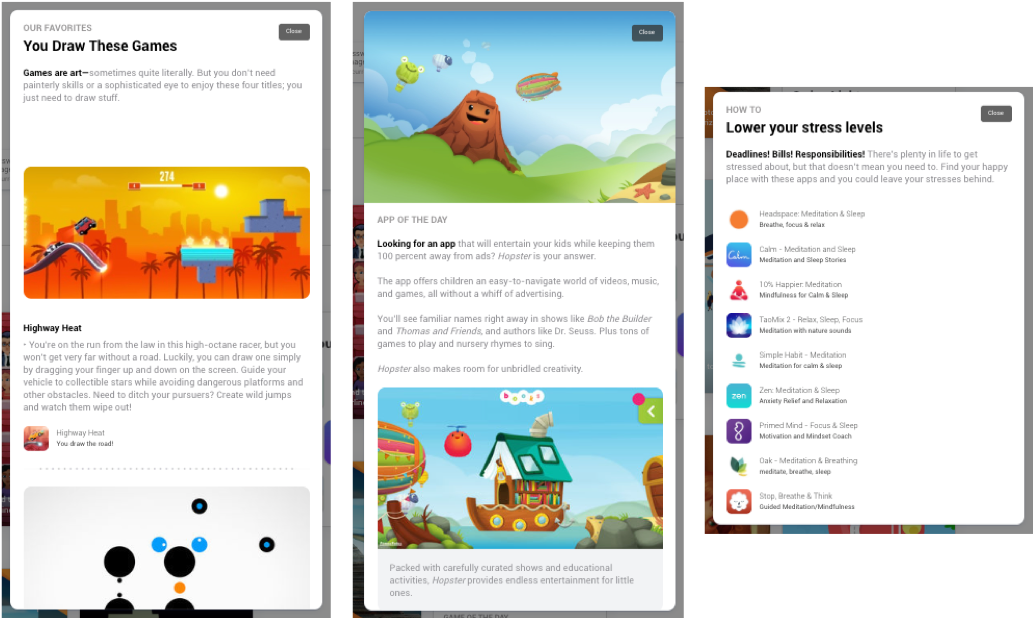 Examples of different types of Stories and how their content looks like